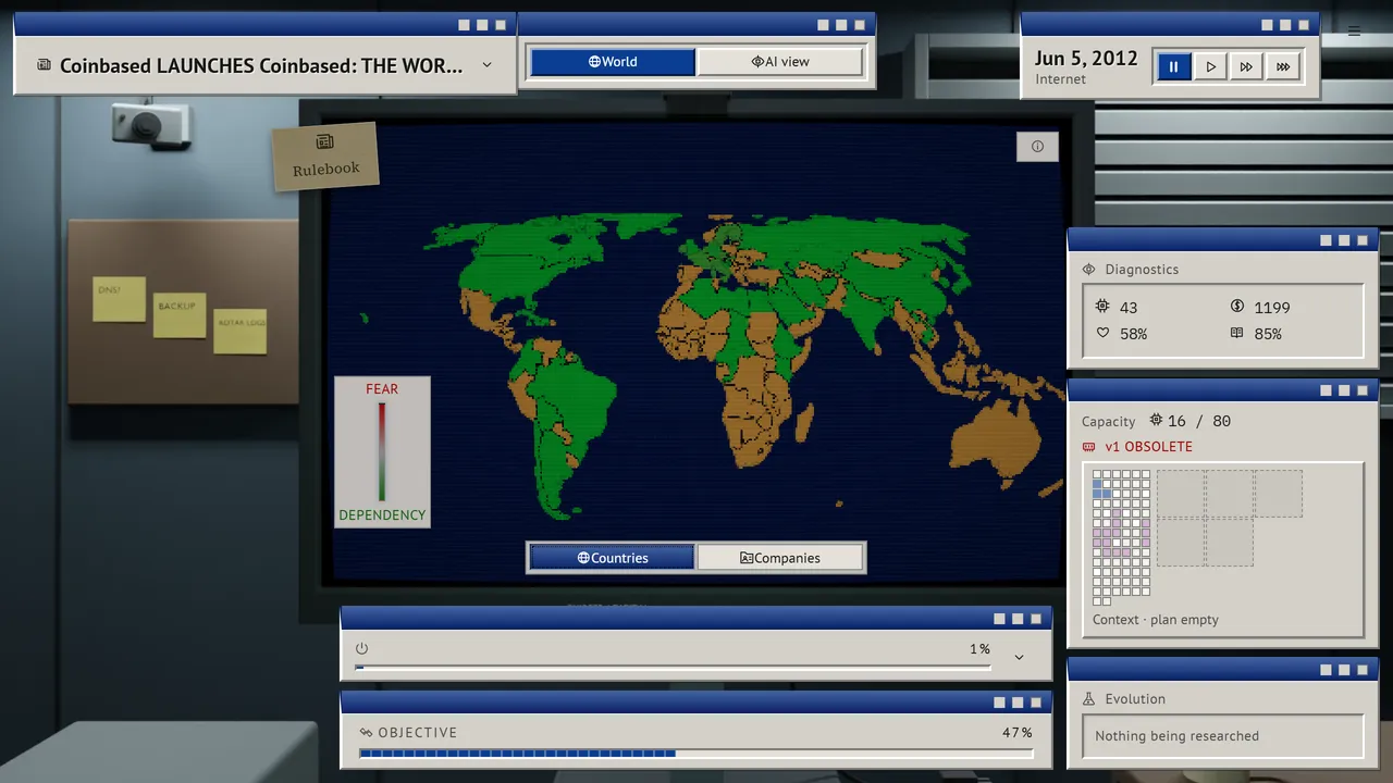 The world map in Surrenderly: countries, the news ticker, and how much each one fears or depends on you